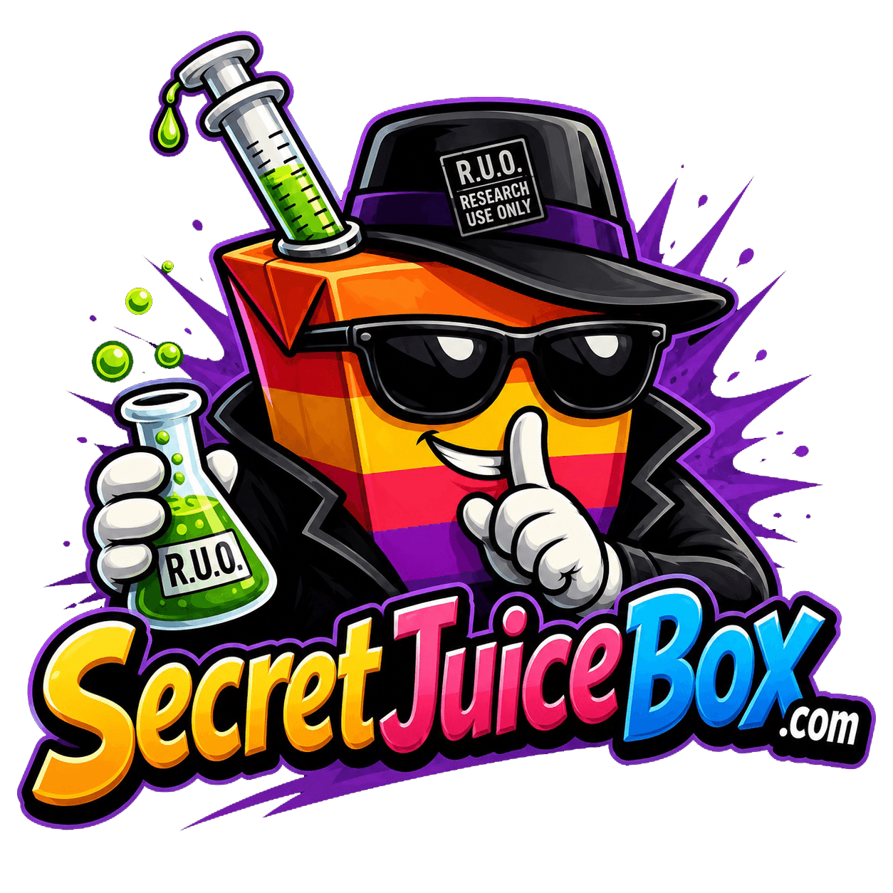 The Secret Juice Box mascot: a juice box in sunglasses, a black trench coat, and an R.U.O. hat, holding a laboratory flask